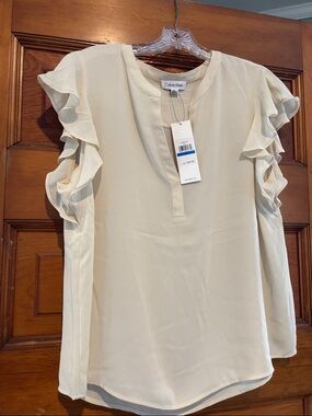 Calvin Klein Cream Ruffle Sleeve Blouse